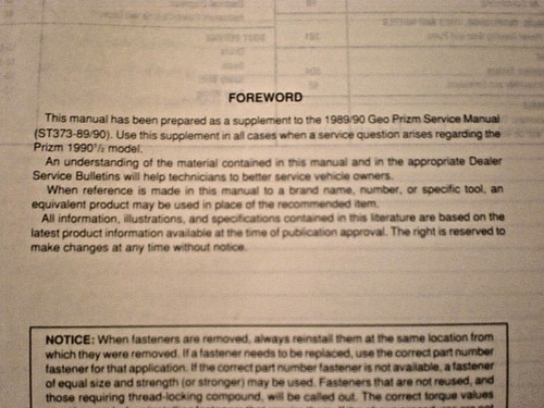 1990 1/2 Geo Prizm Service Manual Supplement ST373-89/90 - Imagen 2 de 3