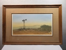 Vintage color etching of windmill - “Silent Wings” by Texas artist Dale Conner