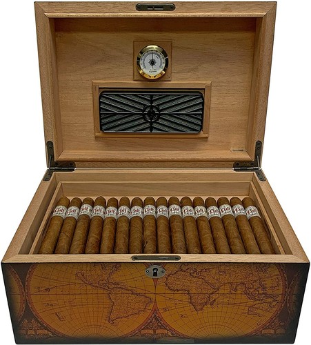 Old World Vintage Cigar Humidor Wood Box, Spanish Cedar - 100 Cigars Storage - Picture 8 of 12