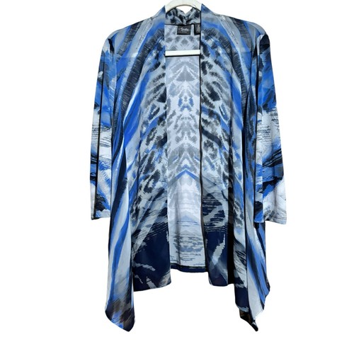 Chicos Travelers Cardigan Womens Large Multicolor Mixed Artsy Print Open Sweater