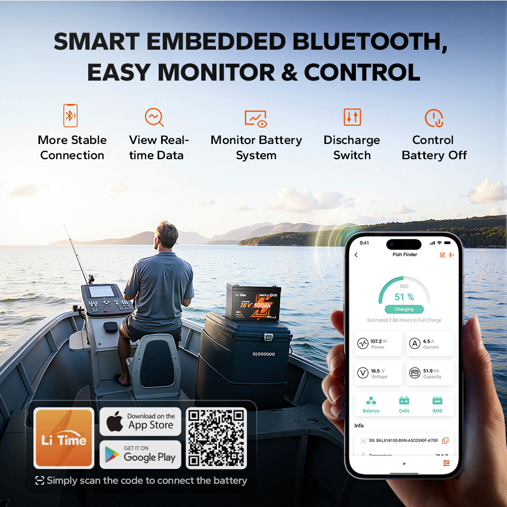 LiTime 16V 100Ah Bluetooth Self-heating Fish Finder Lithium Battery-Refurbished