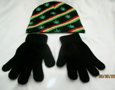 Rasta Red,Yellow,Green Stripes MJ leaves Beanie Ski Cap+Black Knitted Gloves-New