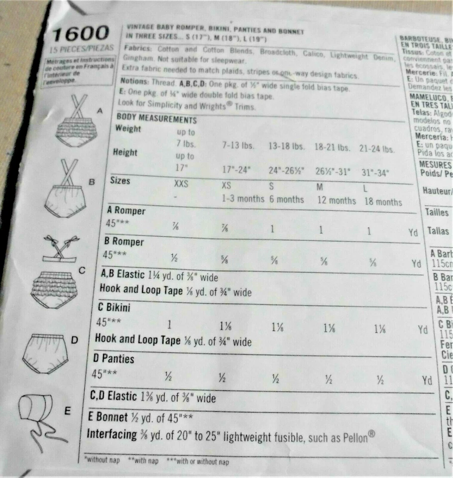 Simplicity 1600 Vintage Baby Romper-Bikini-Panties-Bonnet Pattern size XXS-L-New - Image 2 of 2