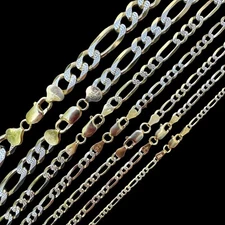 14k Gold Plated Solid 925 Sterling Silver Figaro Link Chain Two Tone Diamond Cut