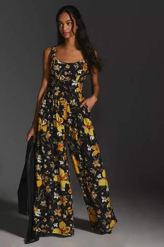 NWT Plenty By Tracy Reese Anthropologie Rue Du Bac Black Floral Jumpsuit Size XL - 第 1/9 張圖片
