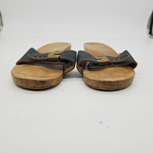 Vintage Dr. Scholls Wood Leather Sandals Womens 8 Clogs Blue Gold Made In Italy - Picture 7 of 7