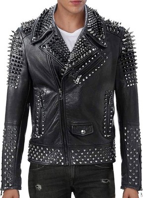 Men's Punk Rock Silver Spikes Studded Black Brando Biker Leather Jacket