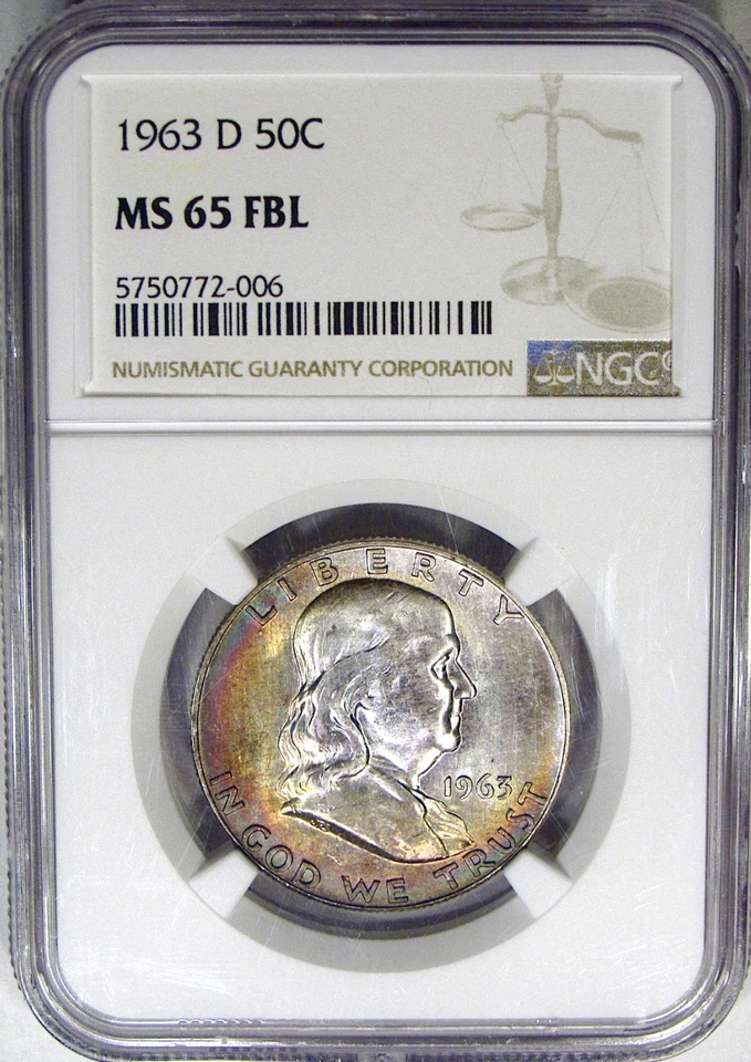 1963-D 50C NGC MS65FBL FRANKLIN ~ BEAUTIFUL RAINBOW TONING! - Image 3 of 4