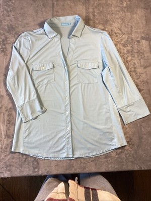 J. Mclaughlin Brynn Lyford Jersey Top Button Down 3/4 Sleeve V-Neck Pale Blue XL