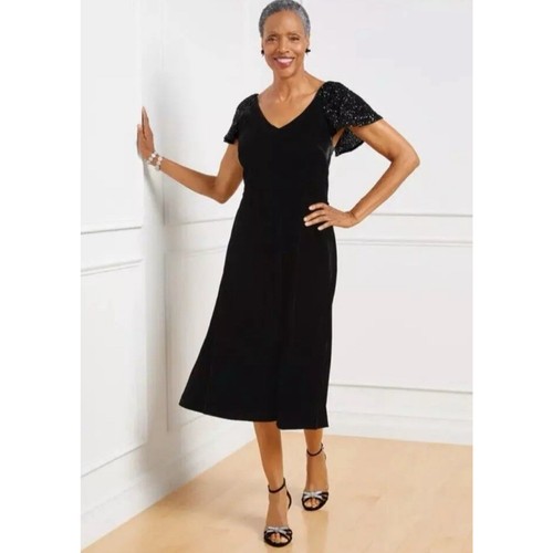 Talbots Festive Black Velvet Sequin Sleeves V-Neck Midi Dress 10P Holidays - Picture 2 of 8