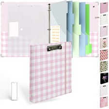 3 Ring Binder 1 inch with Clipboard - Pink  White Grid Design, Includes Divi...