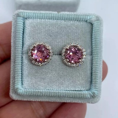 2,4 kt runder Lab Created rosa Saphir Damen Ohrstecker 14 K Weißgold Finish