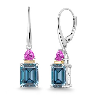 925 Silver and 10K Yellow Gold Earrings Persian Blue Moissanite and Created