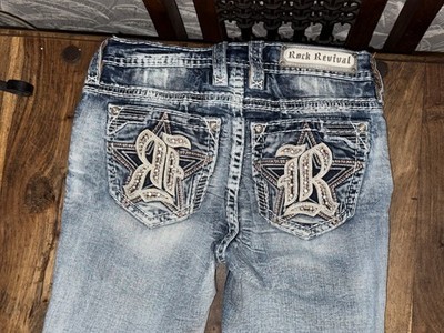 Rock Revival Boot Cut Jeans Damen UK 9 27 W 32 L Blau Low Rise Y2K Cowgirl Edelsteine