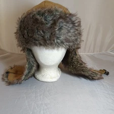 Trapper Style Hat Faux Fur Lined Tan Canvas Winter Outdoor Warm Hunting One Size
