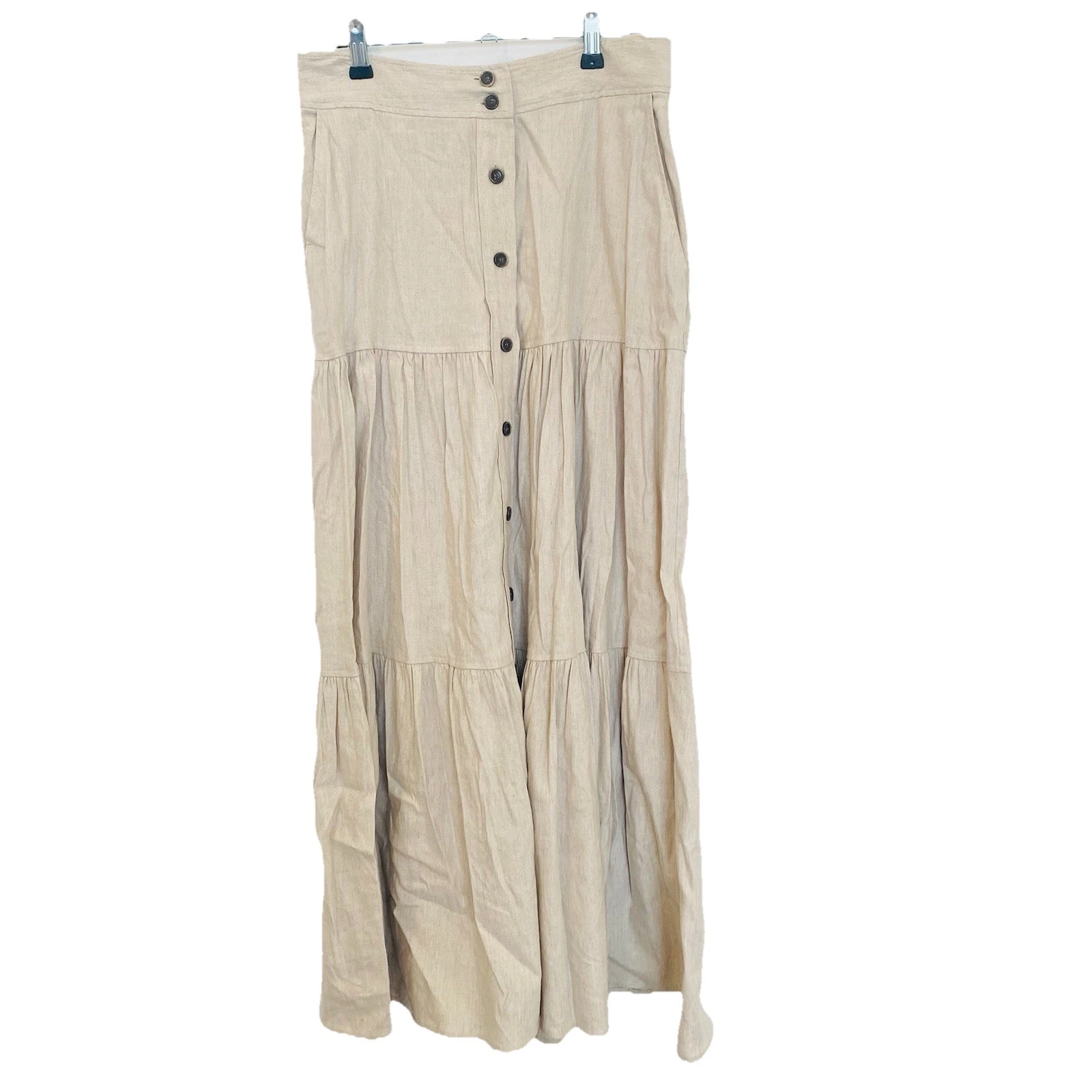 Witchery Maxi Skirt Size Size 10 Beige Neutral Pockets Button Up Linen Blend