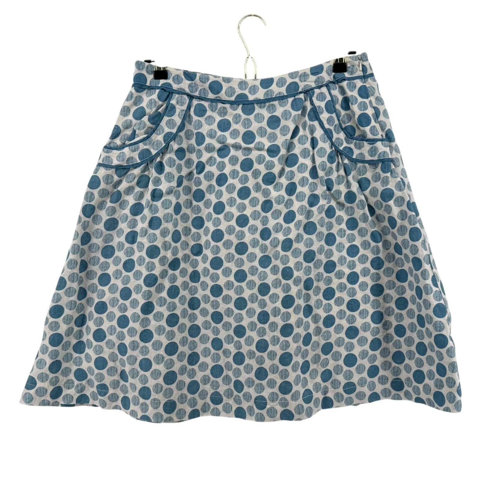 Boden Womens White and Blue Polka Dot 100% Linen A-Line Skirt Side Zip Size 12R