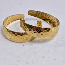 Vintage Gold Tone Stud Half Hoop Earrings Hammered Textured Big Chunky