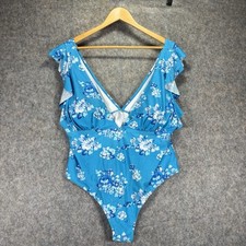 CupShe One Piece Bathing Suit Womens Size 2x Blue White Floral XXL Ruffle sleeve