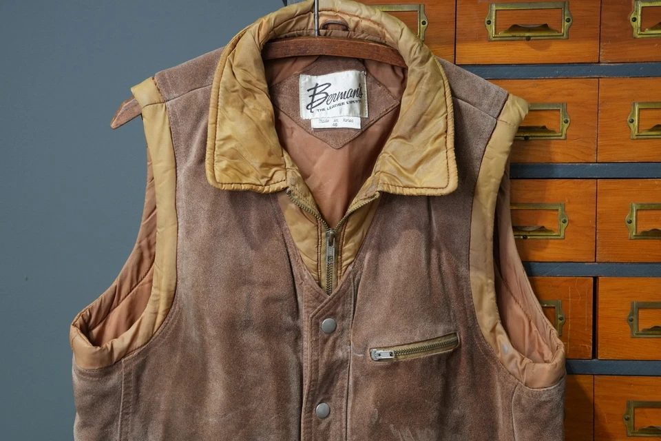 Jaqueta colete de caça vintage Berman's couro marrom camurça zíper completo tamanho 46 RARA - Imagem 3 de 4