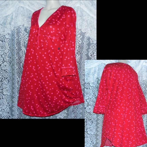 NEW L JUST VERA WANG RED/PINK POLKA DOT SOFT VELOUR LONG SLEEVE SLEEPSHIRT GOWN