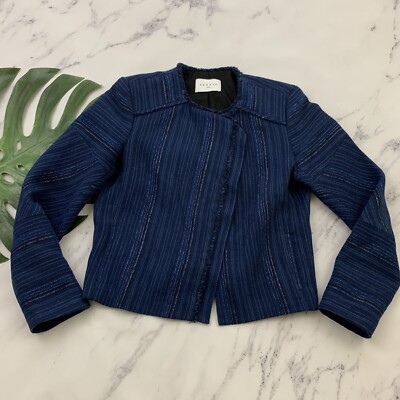 Sandro Textured Fray Trim Blazer Jacket Size 40 8 Navy Blue Stripe Zip Up Blucy