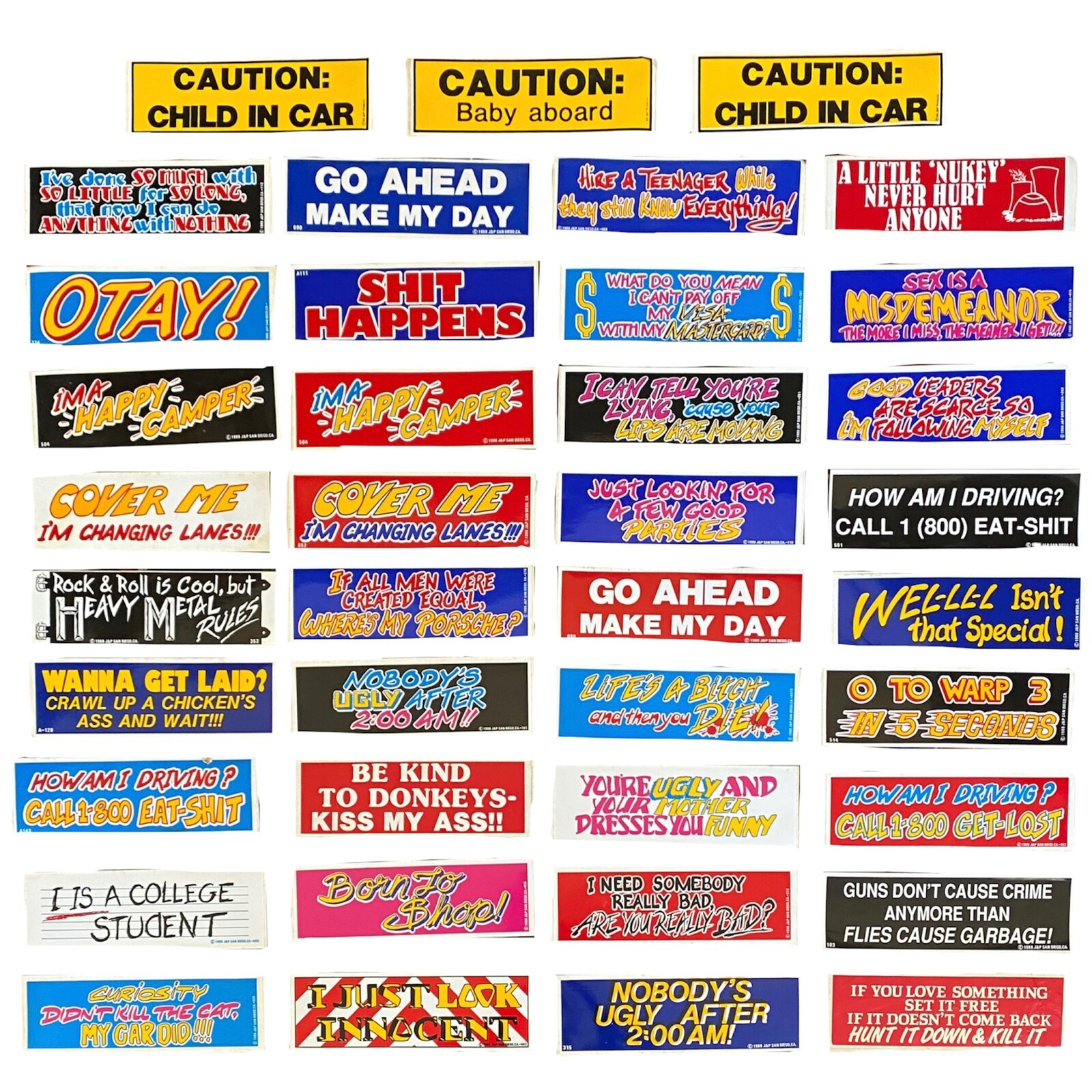 vintage 1980s novelty bumper stickers (NOT A LOT, ALL STICKERS SOLD  SEPARATELY)