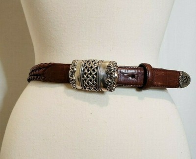 Women/'s Brown Leather Braided Belt Silver Buckle Size Medium 34.5/" R