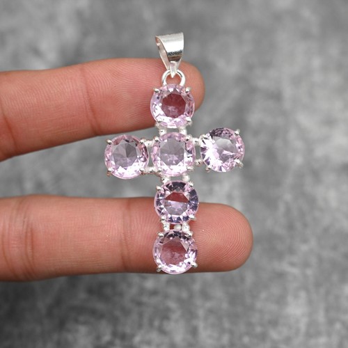 Natural Pink Kunzite Gemstone Cross Pendant 925 Sterling Silver Handmade Jewelry - Picture 2 of 5
