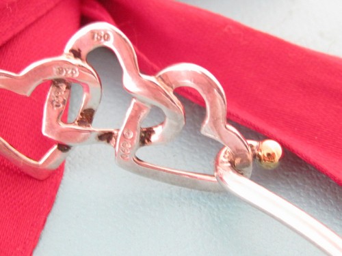 Auth Tiffany & Co Silver 18K Gold Triple Heart Hearts Bangle Bracelet 7" Wrist - Picture 4 of 4