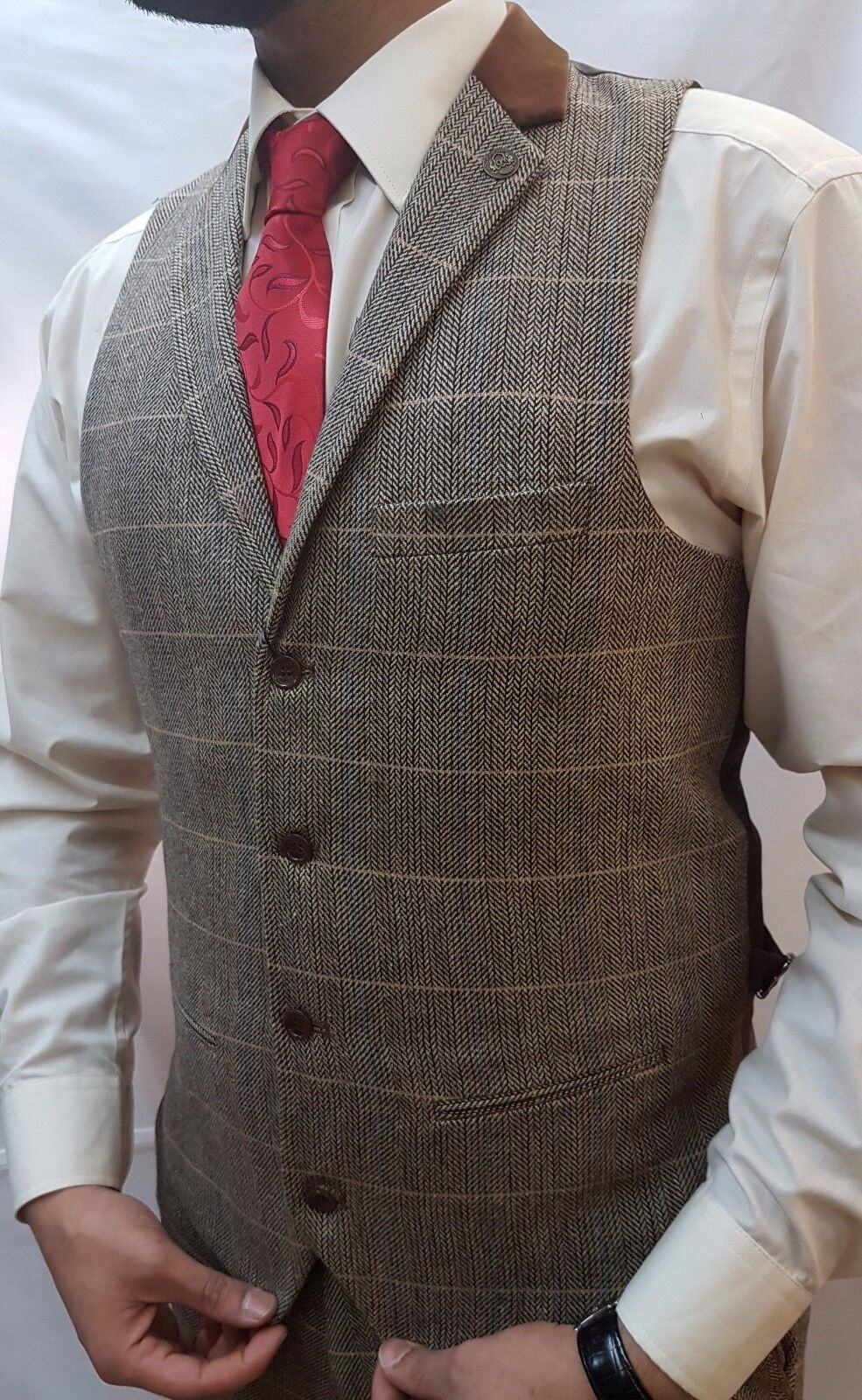 Marc Darcy Tweed Tan Vintage Herringbone Waistcoat Velvet Collared trim ...