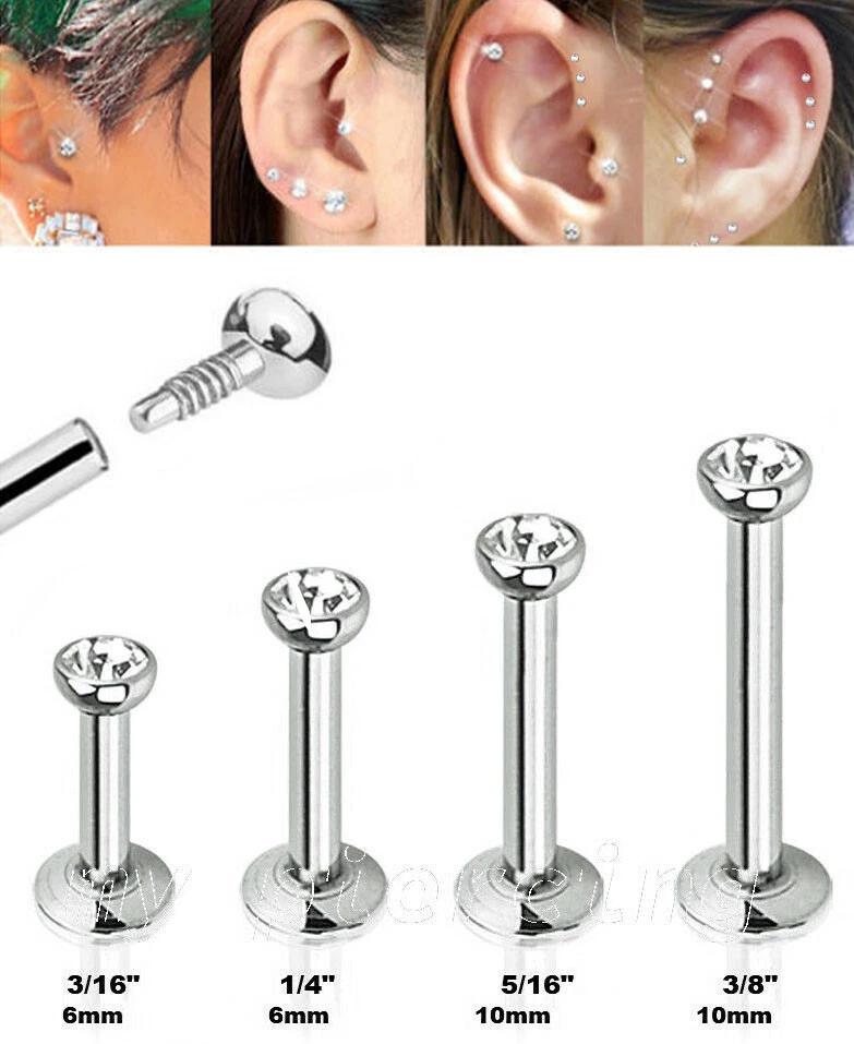 5pcs. 18G 2mm CZ Internally Threaded Surgical Steel Tragus Piercing Labret Stud - Image 2 of 2