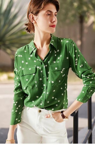 EQ Classic Star Print Equipment Silk Double Pocket Long Sleeve Blouse Lady Shirt - Bild 11 von 30