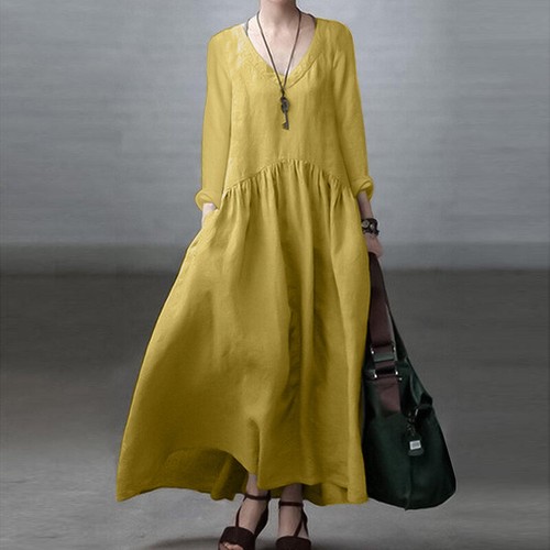 Womens Long Sleeve V Neck Casual Party Evening Oversized Swing Maxi Dress - Picture 26 of 28