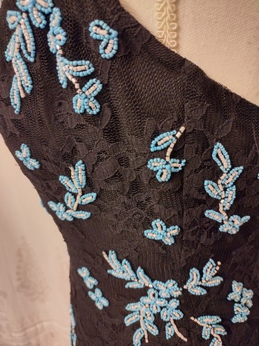 Cache Size 6 Vintage Blue Beaded Lace Black Halter Top Women's High Neck Sheer - Picture 16 of 19