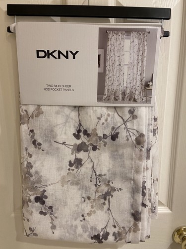 DKNY Wallflower White Brown Tan Floral 2 Sheer Panels Window Curtain 50inx84in