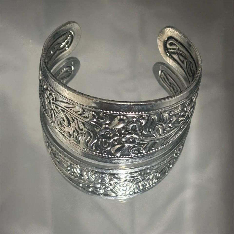 Silver Tone Floral Engraved Wide Cuff Bracelet Adjustable Magnetic Jewelry - Image 2 of 4