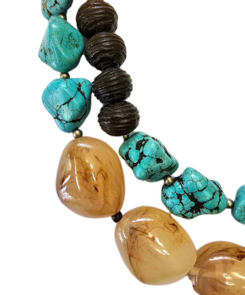 Gargantilla Collar Piedras Cuentas Naturales Howlita Marrón Turquesa 2 Hilos CHICO'S  Foto 2 de 4