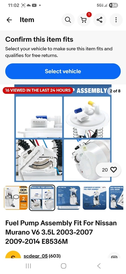 Conjunto de bomba de combustible apto para Nissan Murano V6 3,5 L 2003-2007 2009-2014 E8536M Foto 2 de 2