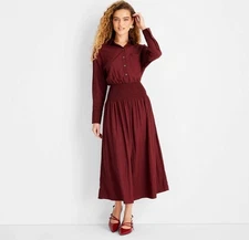 NWT Future Collective XXL Burgundy Collared Long Sleeve Smocked Dress Midi 2958