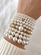White 5-Piece Faux Pearl Beaded Adjustable Bracelet Set One Size