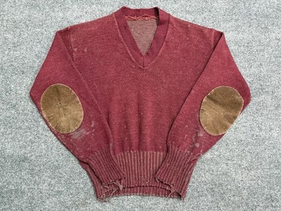 Vintage 50s V-Neck Sweater Distressed Maroon Suede Elbow Patches Small True