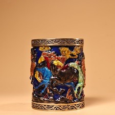 4-inch Pure Copper Cloisonne Enamel Pen Holder Chinese Art Statue