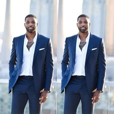 Navy Blue Men's Suits Peak Lapel Formal Wedding Groom Tuxedos 2Pieces Slim Fit