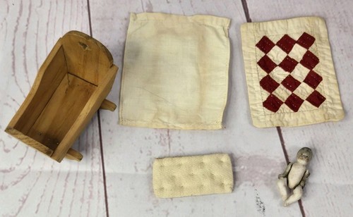 Vintage Miniature Jointed Bisque Doll in Handmade Wood Rocking Crib Quilt Pad - Picture 3 of 24