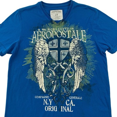 Aeropostale Tee Shirt Men s Size L Blue Y2K Wings Cross Honor Vintage