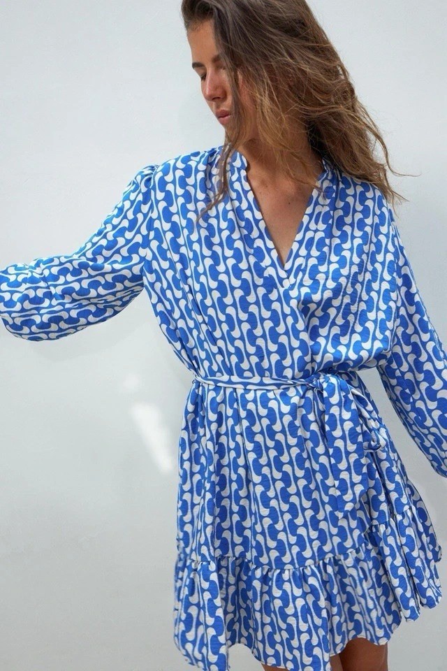 Zara Blue and White Long Sleeve Wrap Dress Geometric Print Summer Resort Size XS image 3