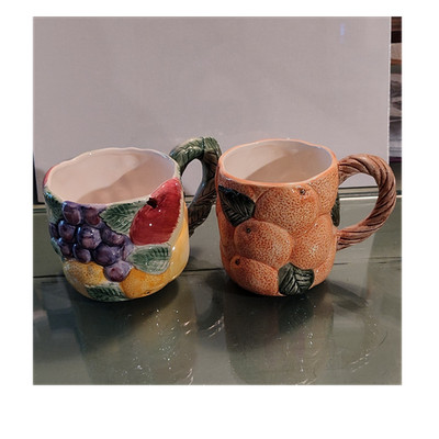 Fitz and Floyd Ironstone Fruit Embossed Ceramic Collectible Mugs Set of 2