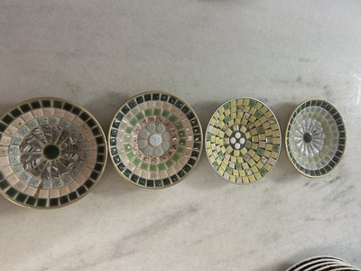 vintage MCM set of 4 Mosaic tiles pebbles round trinket dishes 5.25'' dia.