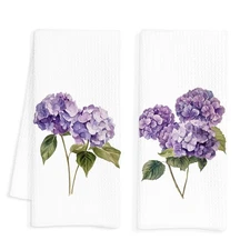 Purple Floral Kitchen Towels Set of 2, Hydrangea Hand Towels for Bathroom, Fl...